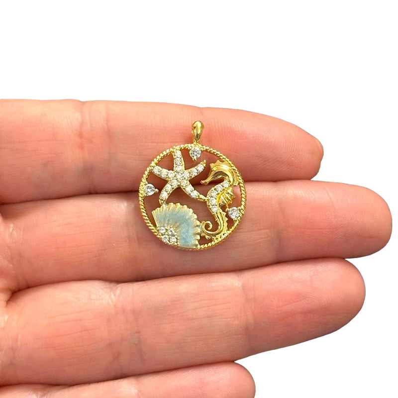 24Kt Gold Plated Coastal Charm, CZ Micro Pave Starfish, Seahorse, and Oyster Shell