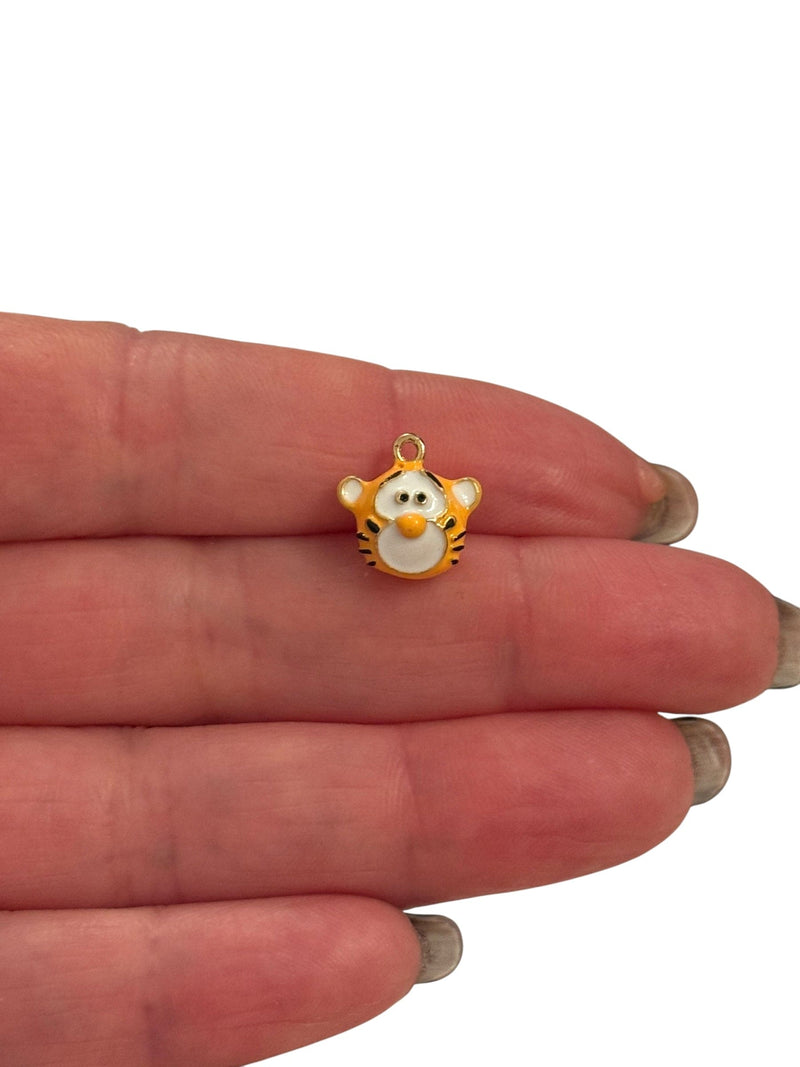 Tiger Face Charm – 3D Enamel Animal Charm, 24K Gold Plated Brass