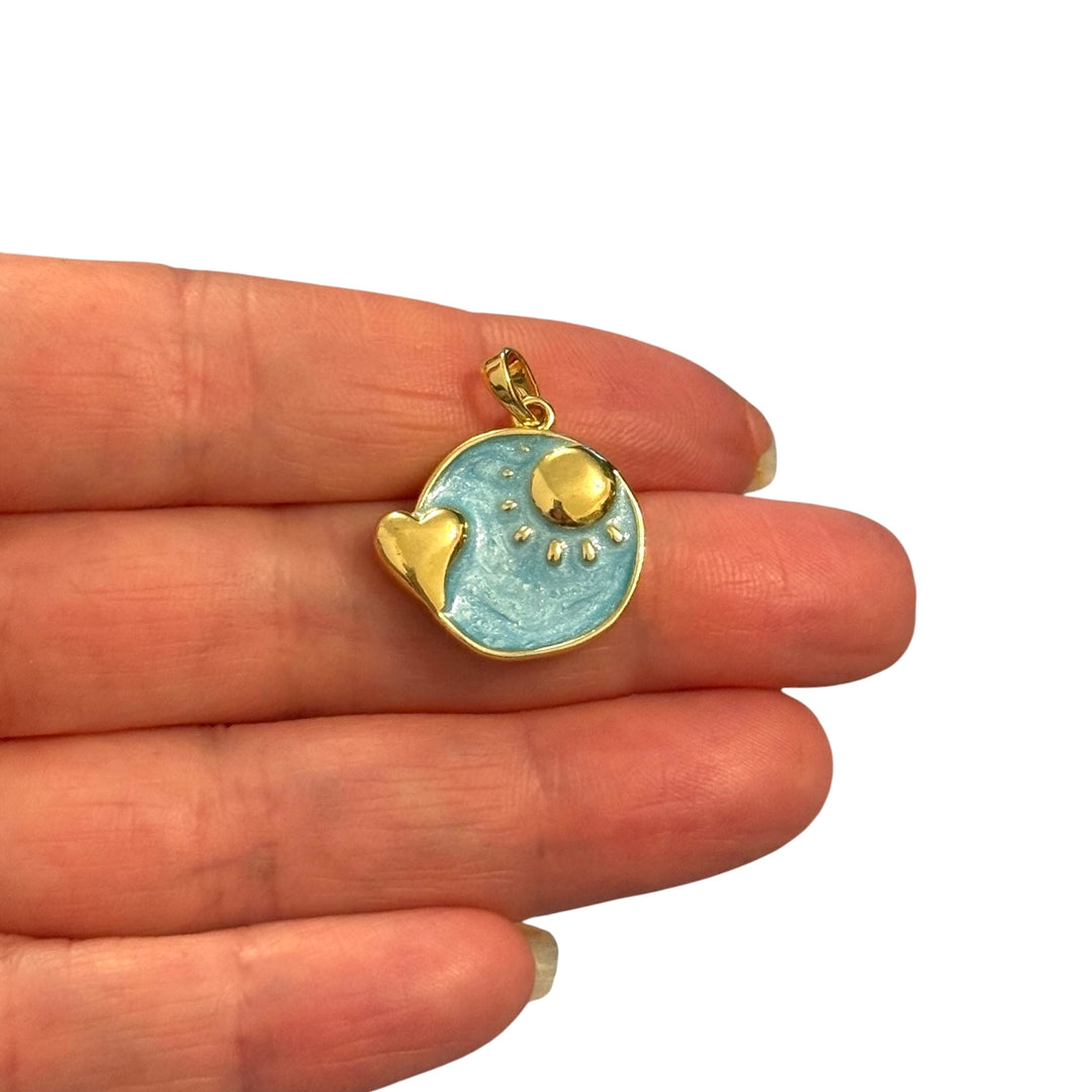 24Kt Gold Plated Sun &amp; Heart Enamel Charm – Blue Sky Brass Pendant