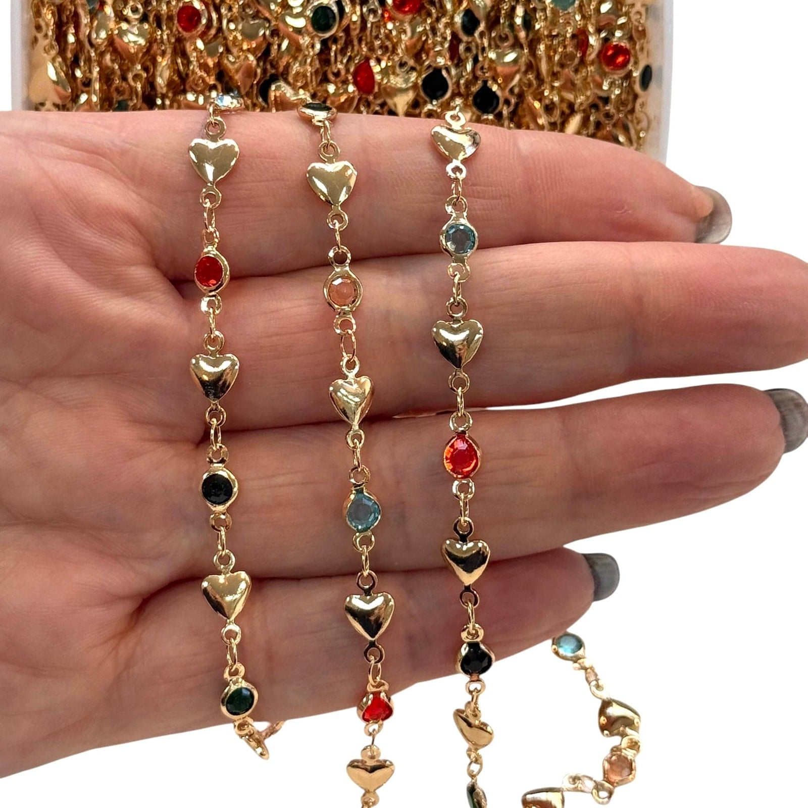 24K Gold Plated Heart & CZ Chain – Mixed Colours,