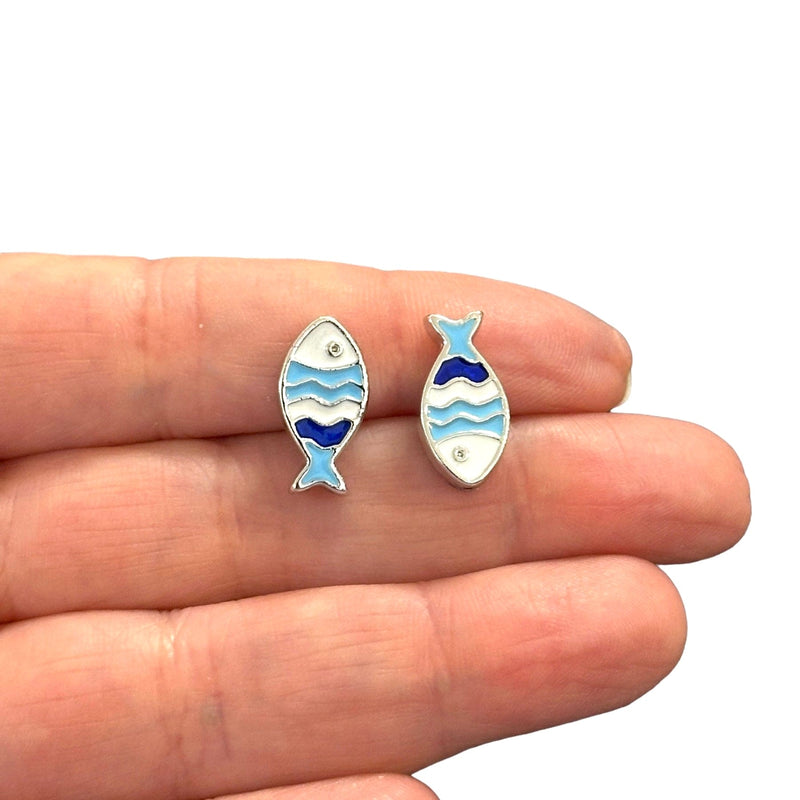 Rhodium Plated Double Side Enamelled Fish Spacer Charms, 2 pcs in a pack