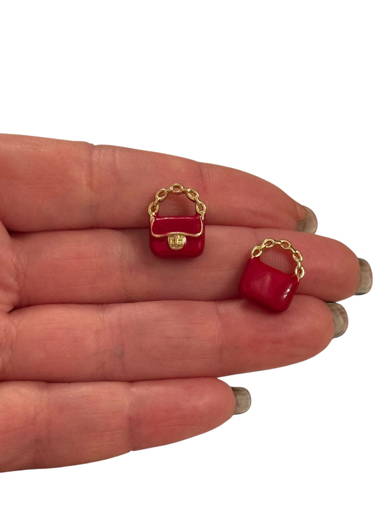 Red Handbag Charm – 3D Enamel Purse Charm, 24K Gold Plated Brass