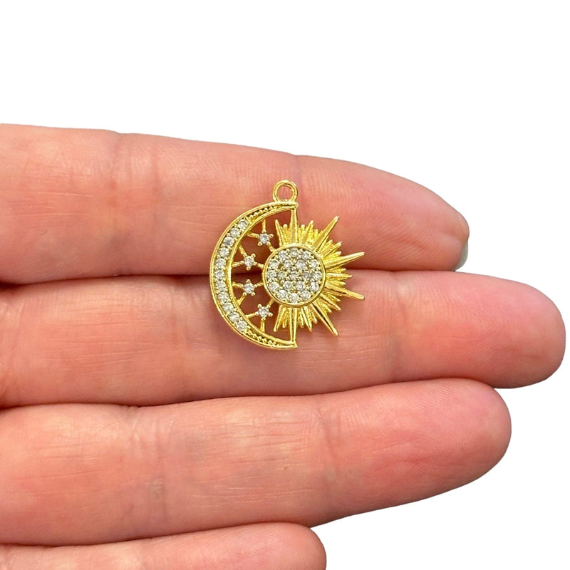 24Kt Gold Plated CZ Micro Pave Moon&Sun Charm