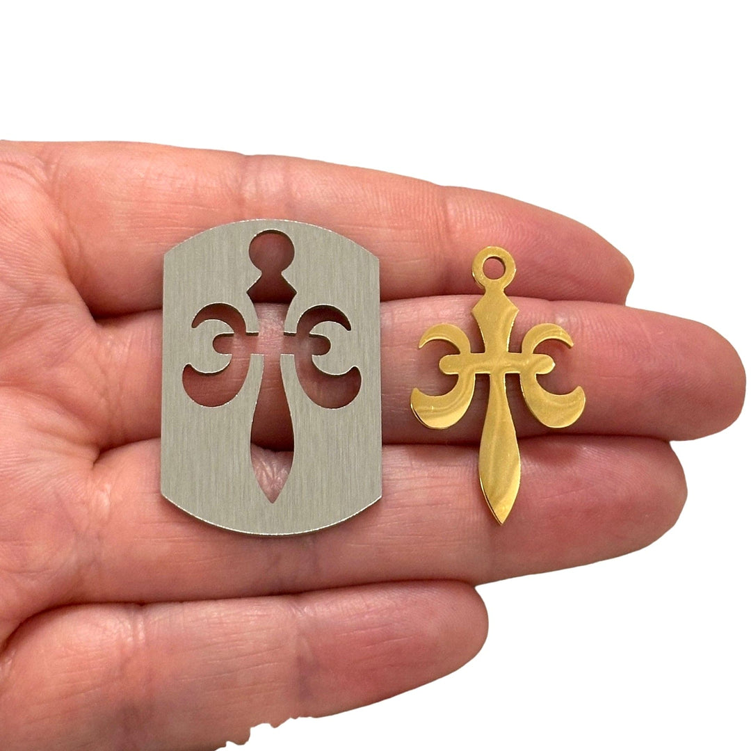 24Kt Gold Plated Stainless Steel Fleur-de-lis Cross Pendant
