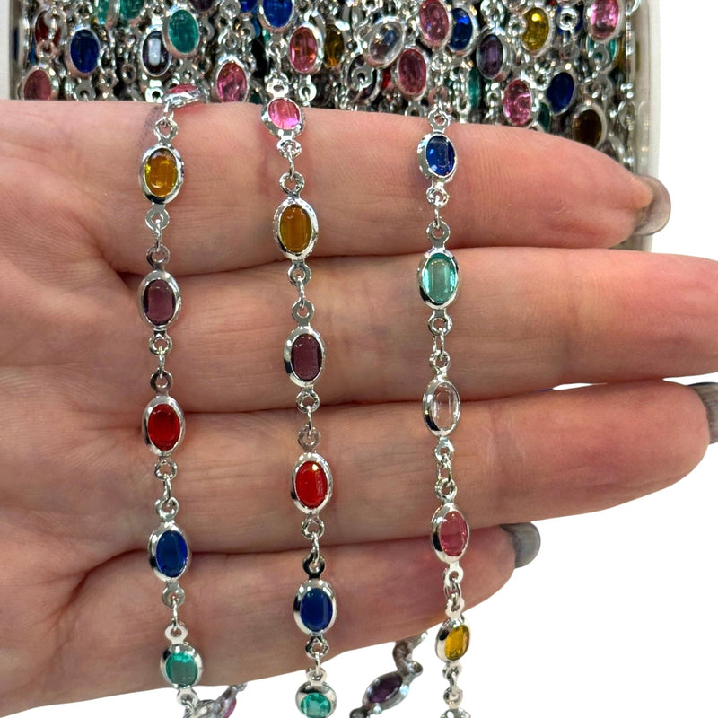 Rhodium Plated Oval Chakra CZ Chain – 7 Color Cubic Zirconia