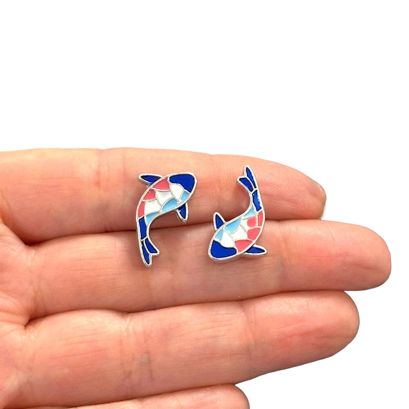 Rhodium Plated Double Side Enamelled Fish Spacer Charms, 2 pcs in a pack