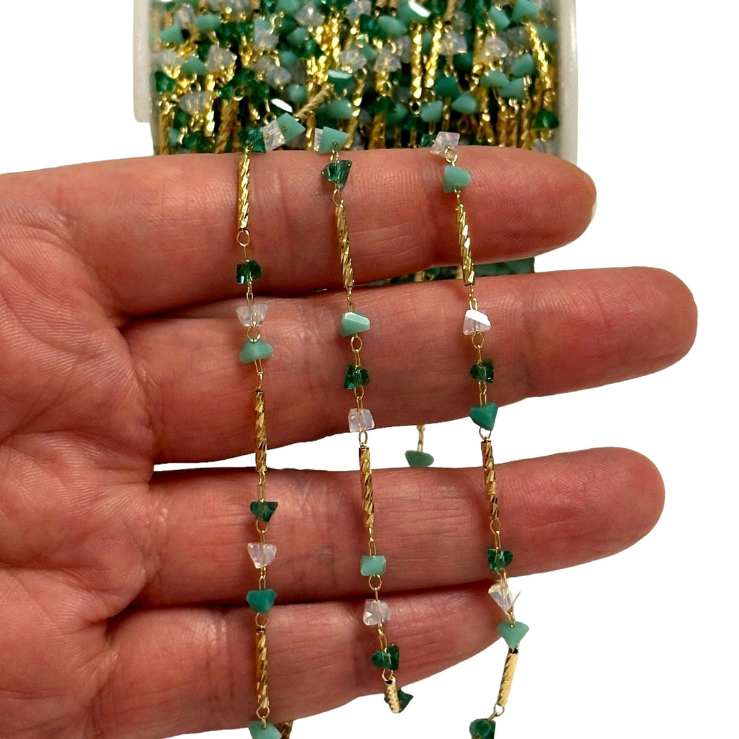 Multicolor Triangular Crystal&amp;Bar Rosary Chain, 24Kt Gold Plated Rosary Chain