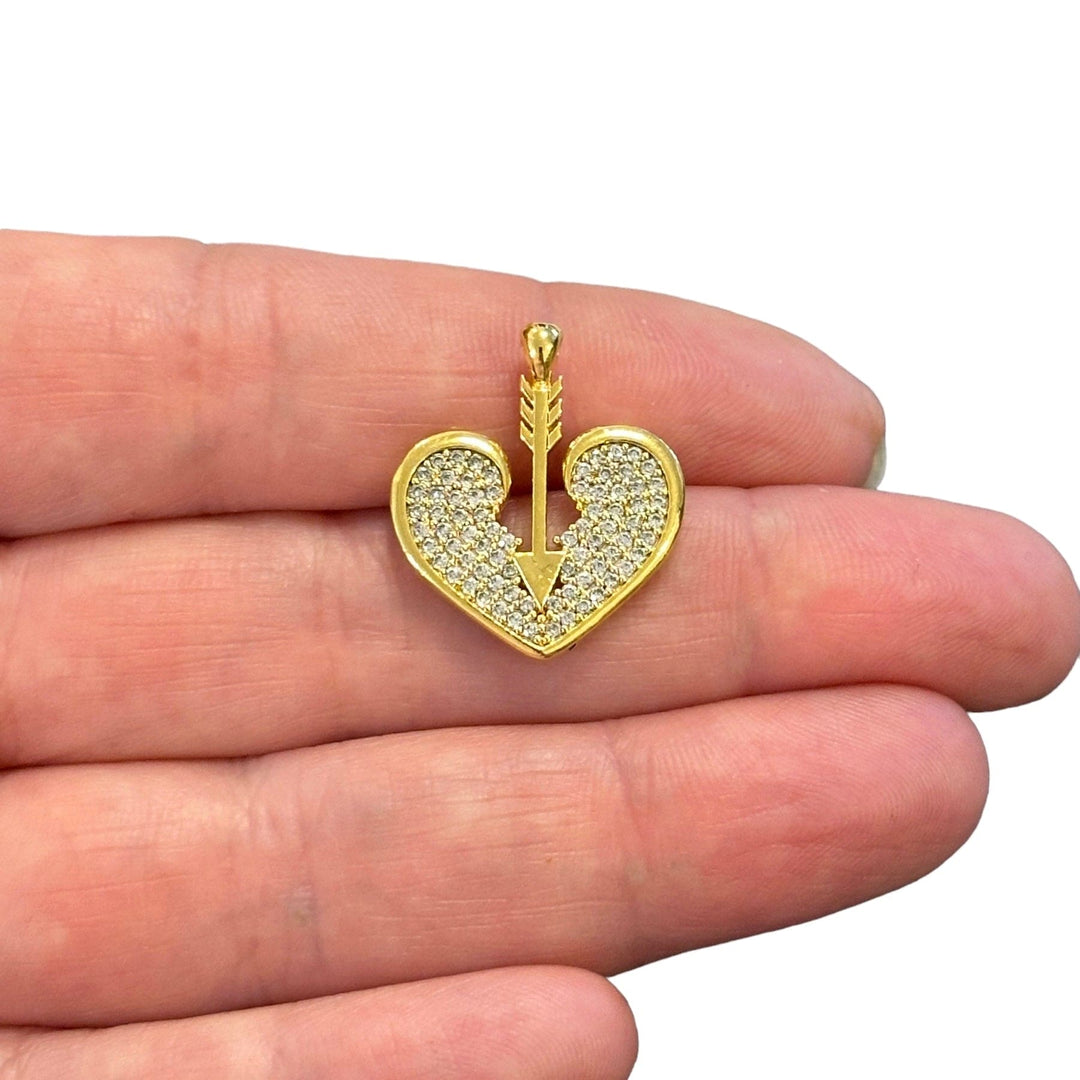 24Kt Gold Plated CZ Micro Pave Heart&amp;Arrow Charm