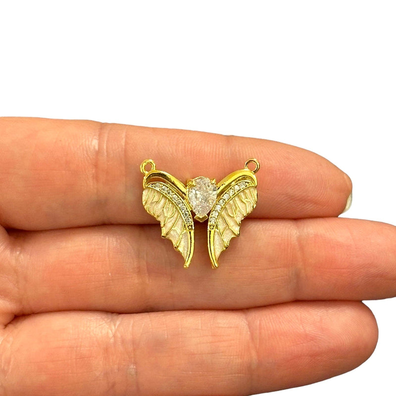 24Kt Gold Plated CZ Micro Pave Angel Wings Connector Charm