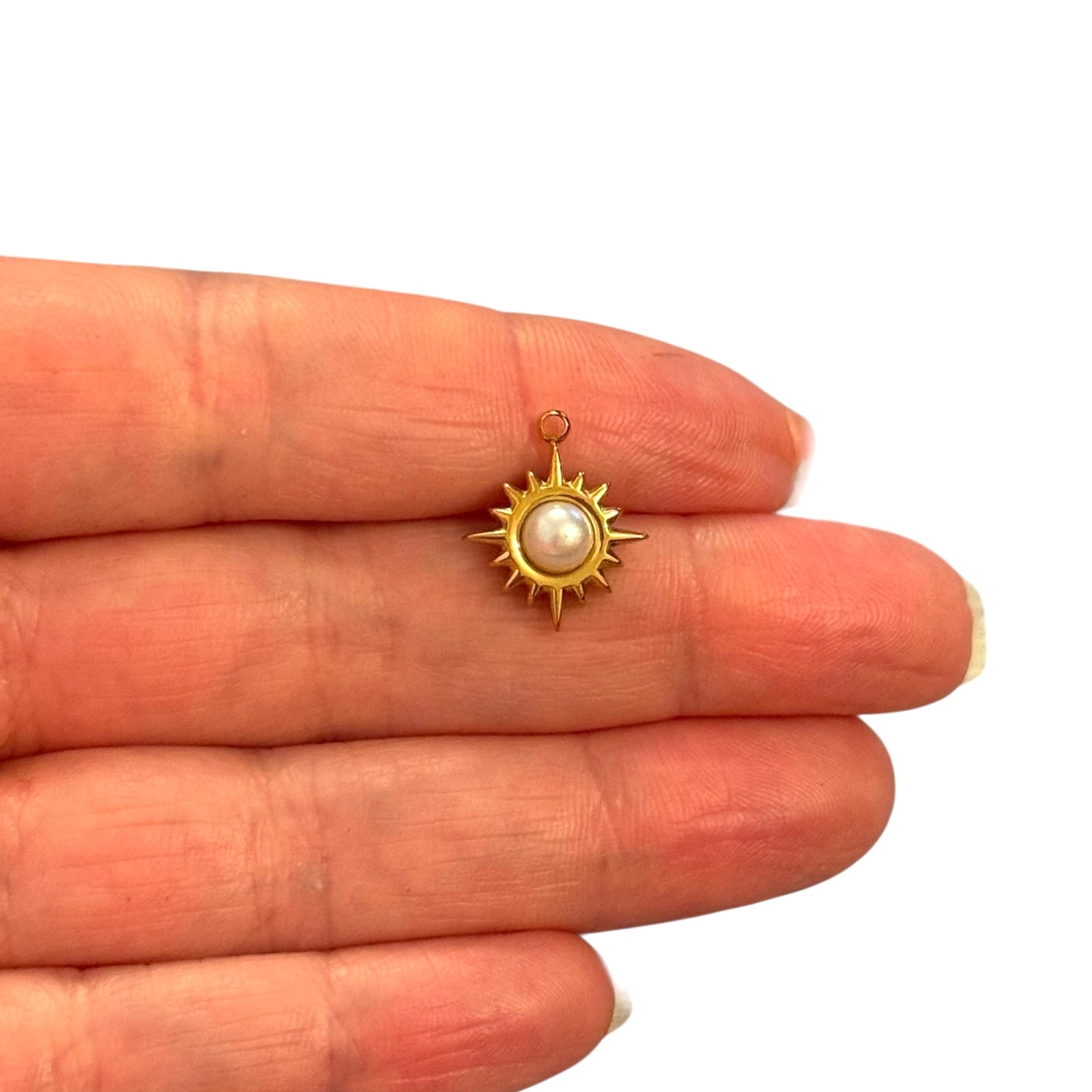 Waterproof Stainless Steel 24Kt Gold Filled Sunburst Pearl Charm / Pendant