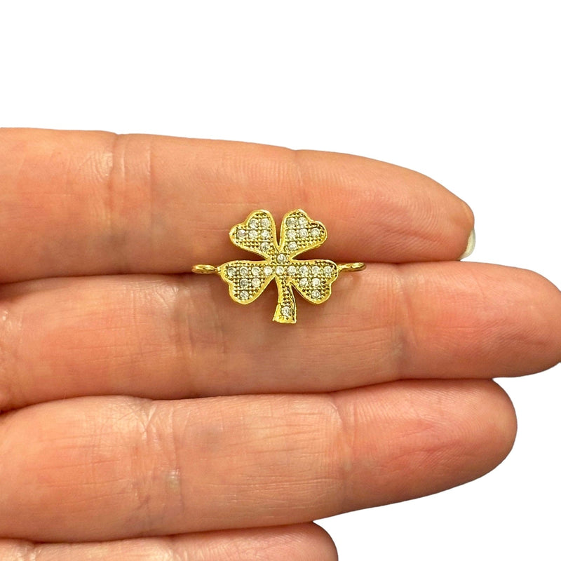 24Kt Gold Plated CZ Micro Pave Clover Connector Charm