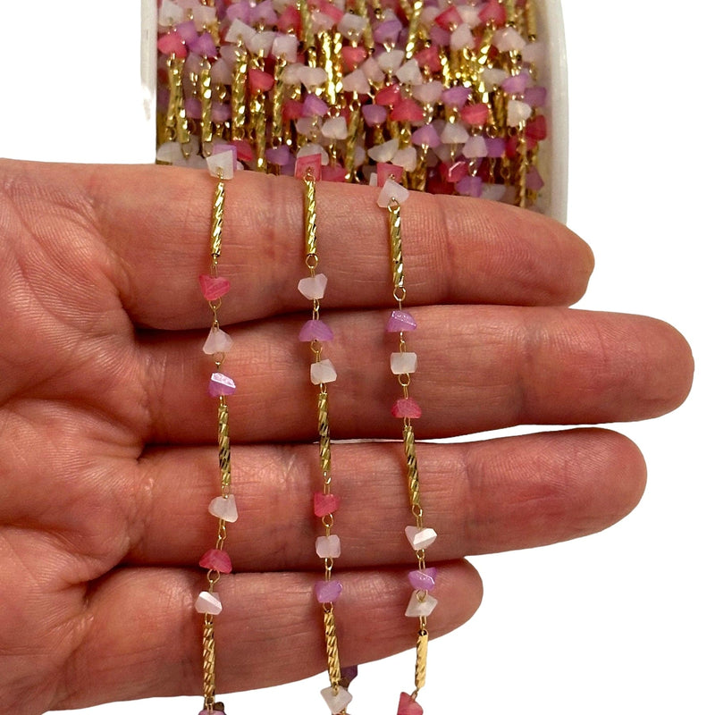 Multicolor Triangular Crystal&Bar Rosary Chain, 24Kt Gold Plated Rosary Chain