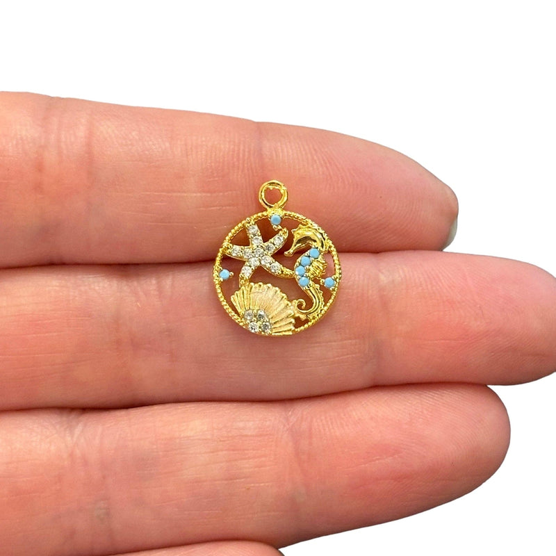 24Kt Gold Plated Coastal Charm, CZ Micro Pave Starfish, Seahorse, and Oyster Shell