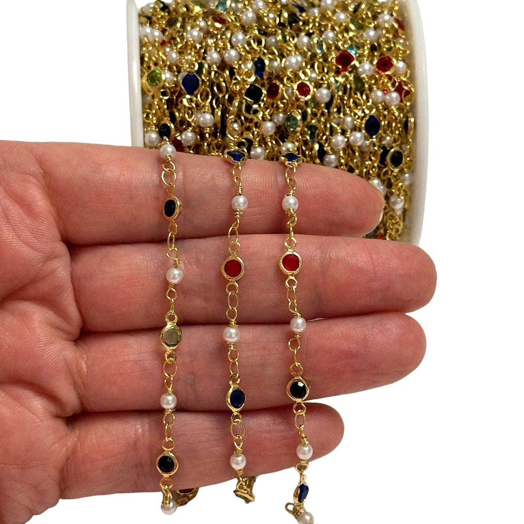 Multicolor CZ&amp;Pearl Rosary Chain, 24Kt Gold Plated Rosary Chain