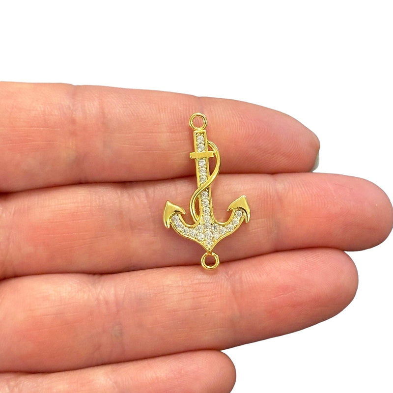 24Kt Gold Plated CZ Micro Pave Anchor Charm Double Loop Anchor Connector Charm