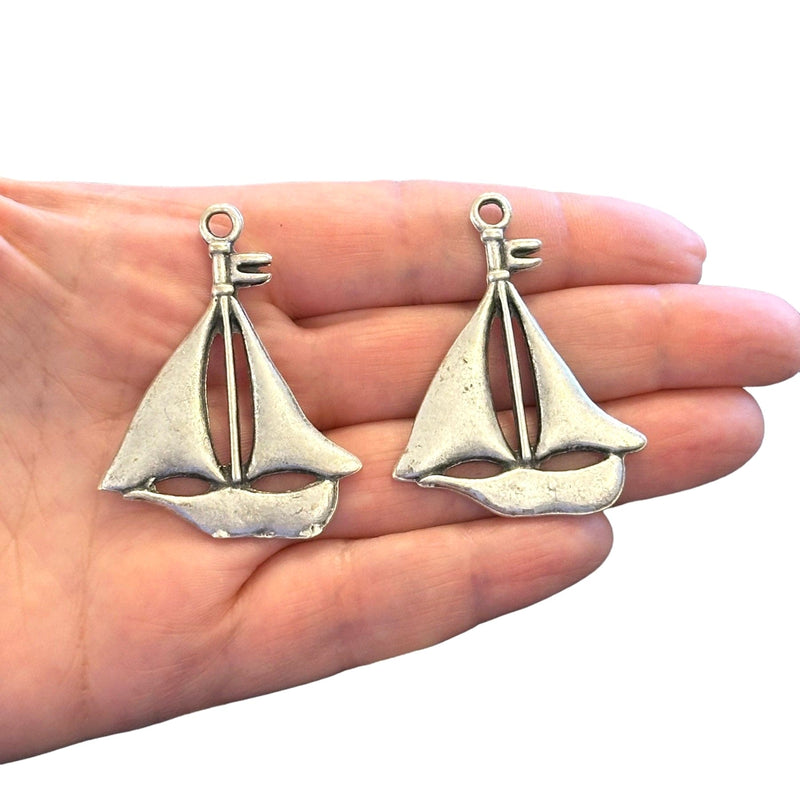 Antique Silver Plated Sailboat Charms, 2 pcs in a pack