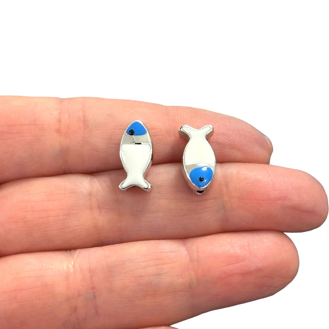 Rhodium Plated Double Side Enamelled Fish Spacer Charms, 2 pcs in a pack