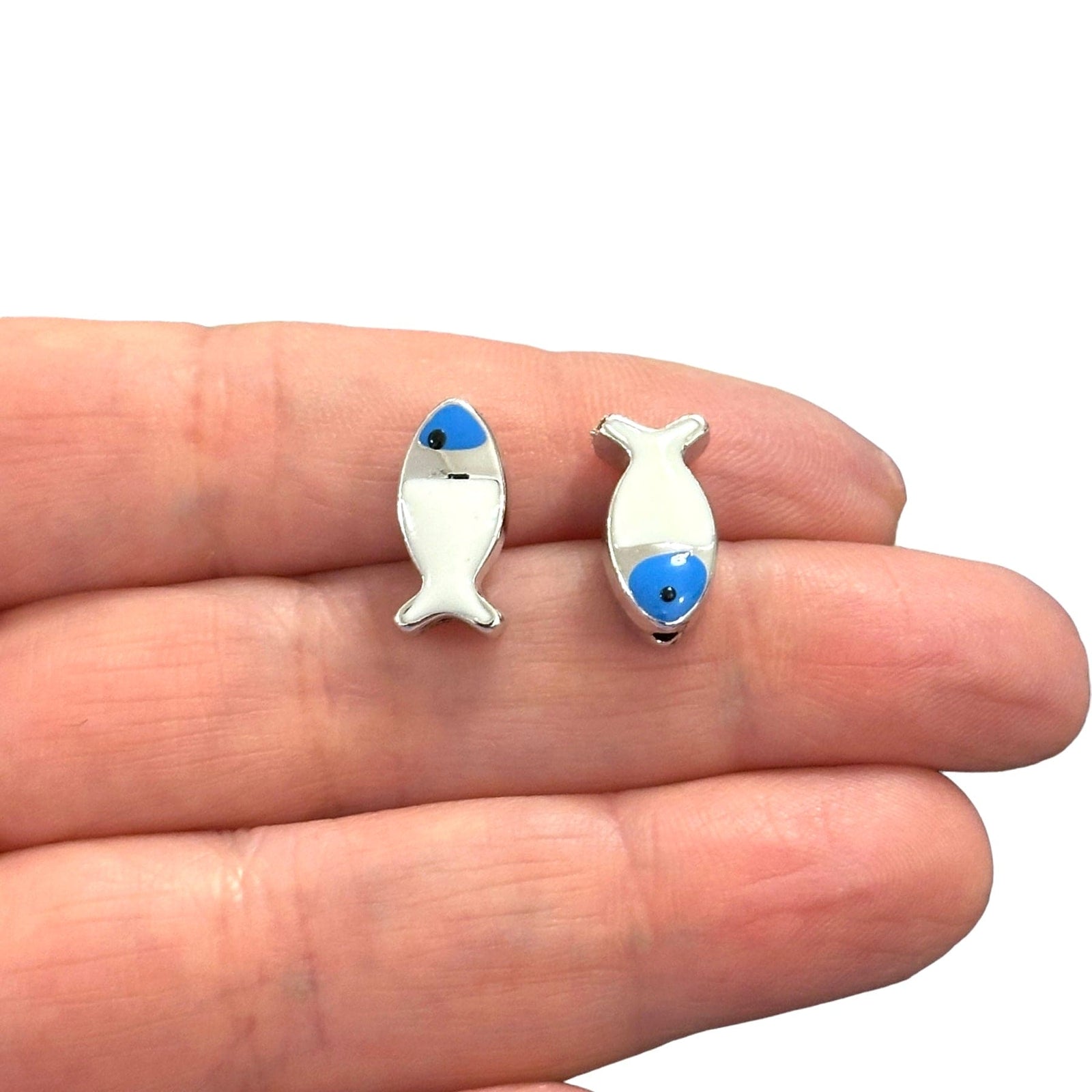 Rhodium Plated Double Side Enamelled Fish Spacer Charms, 2 pcs in a pack
