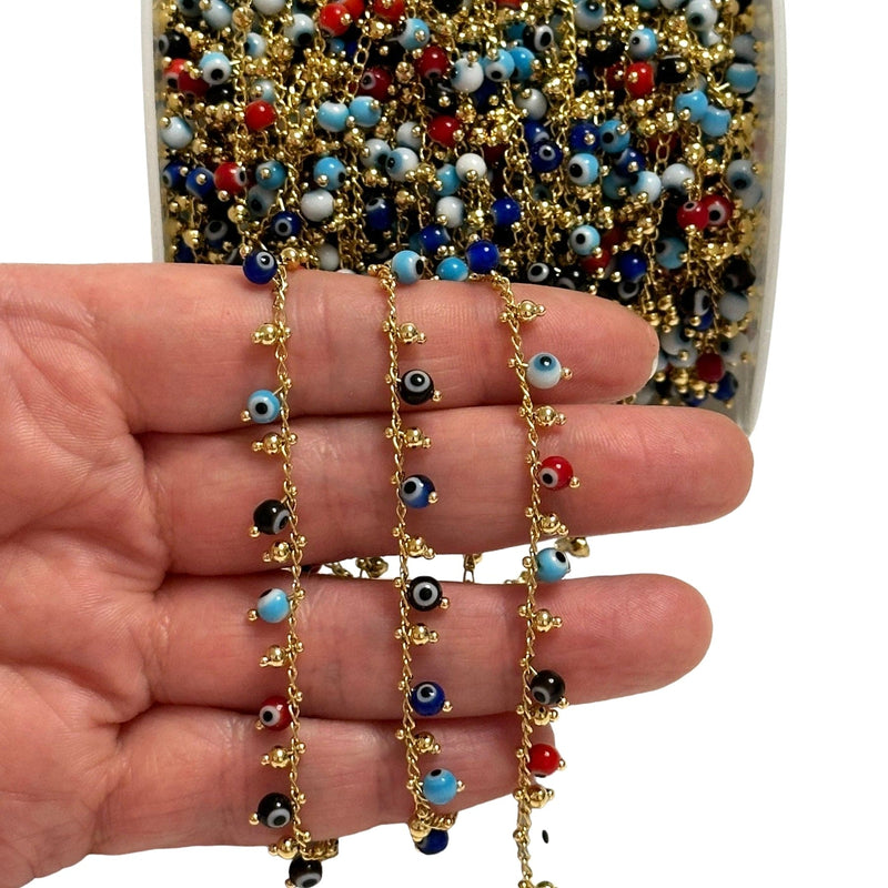 Multicolor Round Glass Evil Eye&Gold Ball Rosary Chain, 24Kt Gold Plated Rosary Chain