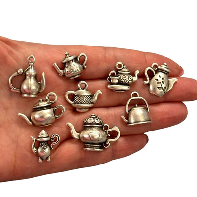 Antique Silver Plated Tea Time Charms Collection, 9 Charms in a pack
