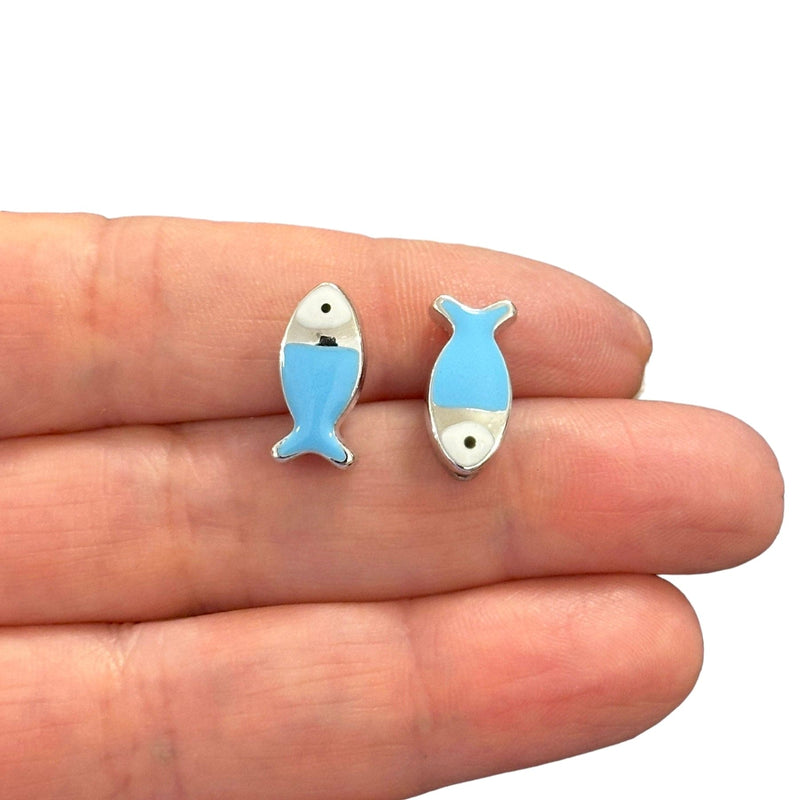 Rhodium Plated Double Side Enamelled Fish Spacer Charms, 2 pcs in a pack