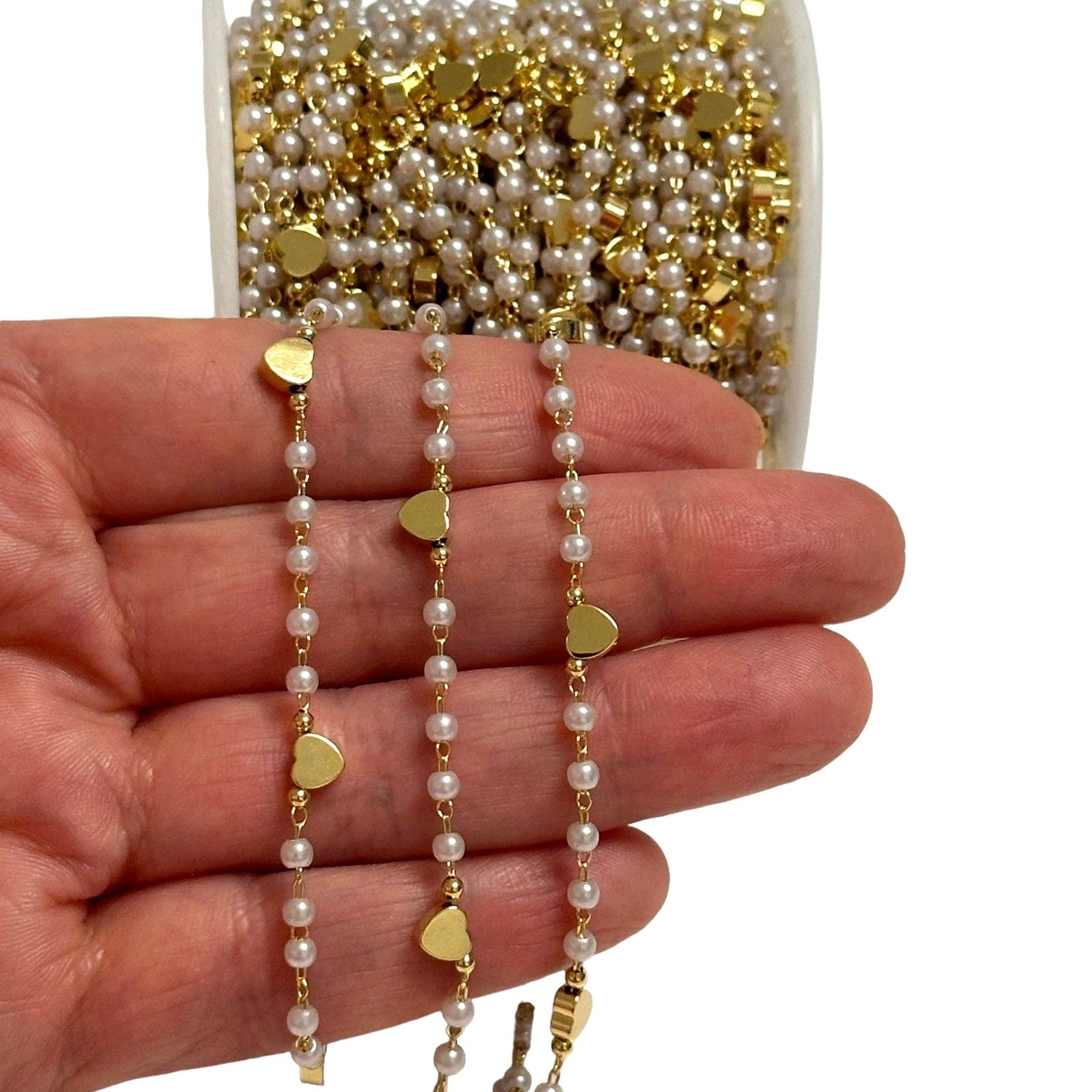 Gold Heart&Pearl Rosary Chain, 24Kt Gold Plated Rosary Chain
