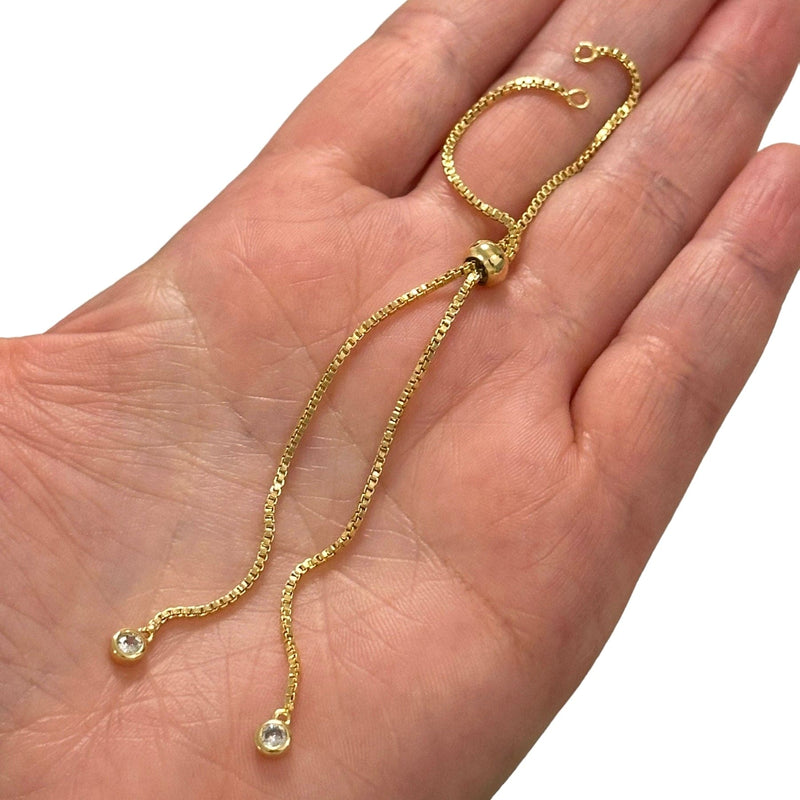 24Kt Gold Plated Adjustable Box Chain Slider Bracelet Blanks With Clear CZ