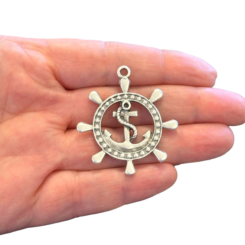 Antique Silver Plated Ships Helm Pendant