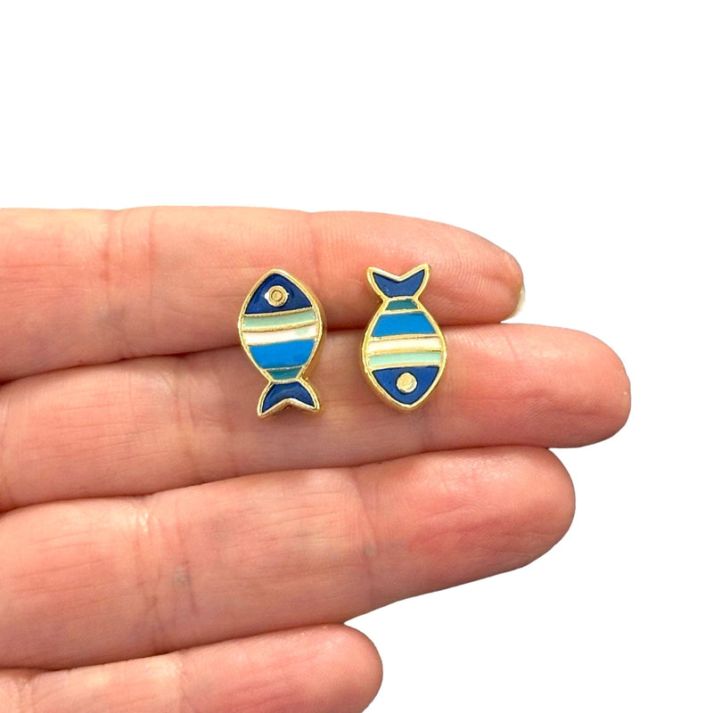 24Kt Gold Plated Double Side Enamelled Fish Spacer Charms, 2 pcs in a pack