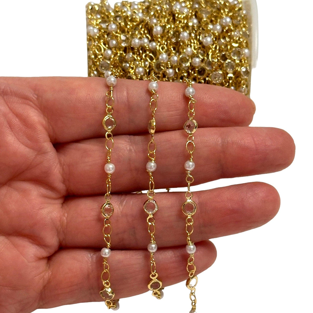 Clear CZ&amp;Pearl Rosary Chain, 24Kt Gold Plated Rosary Chain