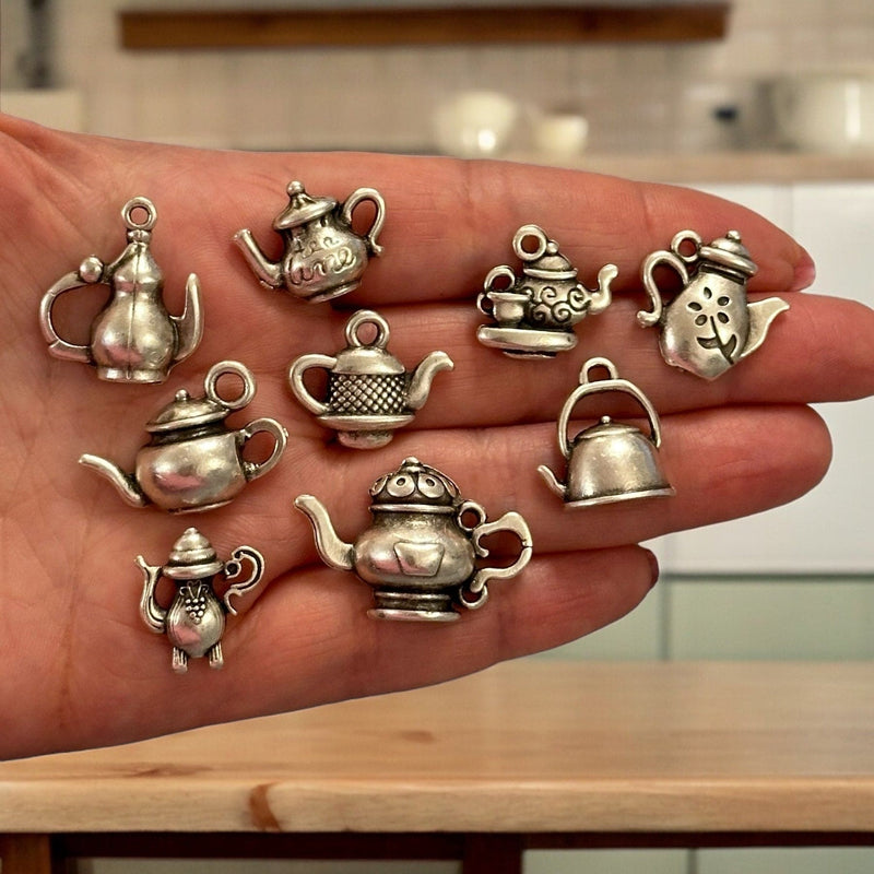 Antique Silver Plated Tea Time Charms Collection, 9 Charms in a pack