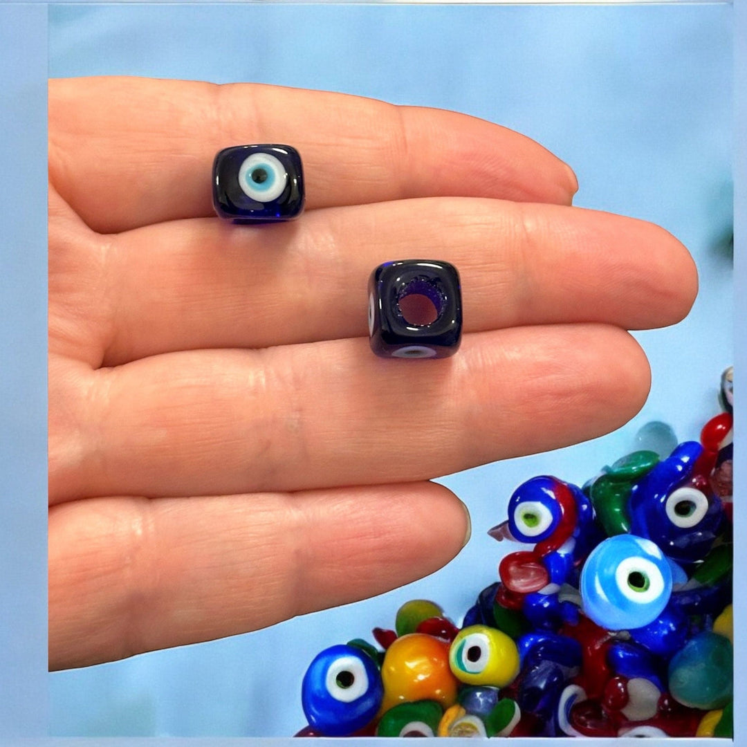 Hand Made Murano Glass Square Beads Featuring 4-Side Evil Eye, 2 pcs in a pack
