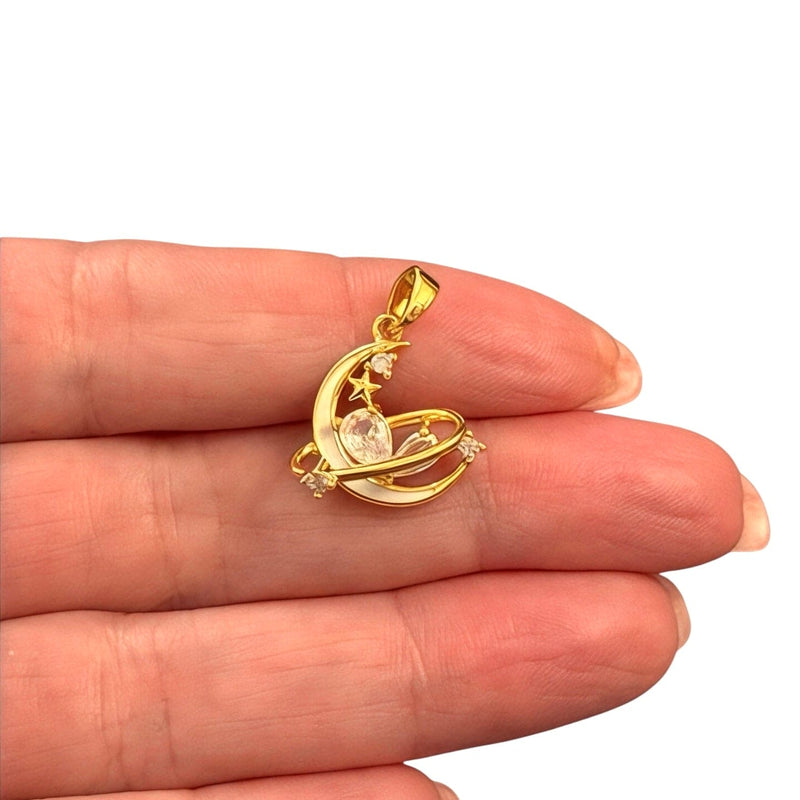 Lunar Glow Waterproof 24Kt Gold Plated Stainless Steel CZ Charm With Attached Bail