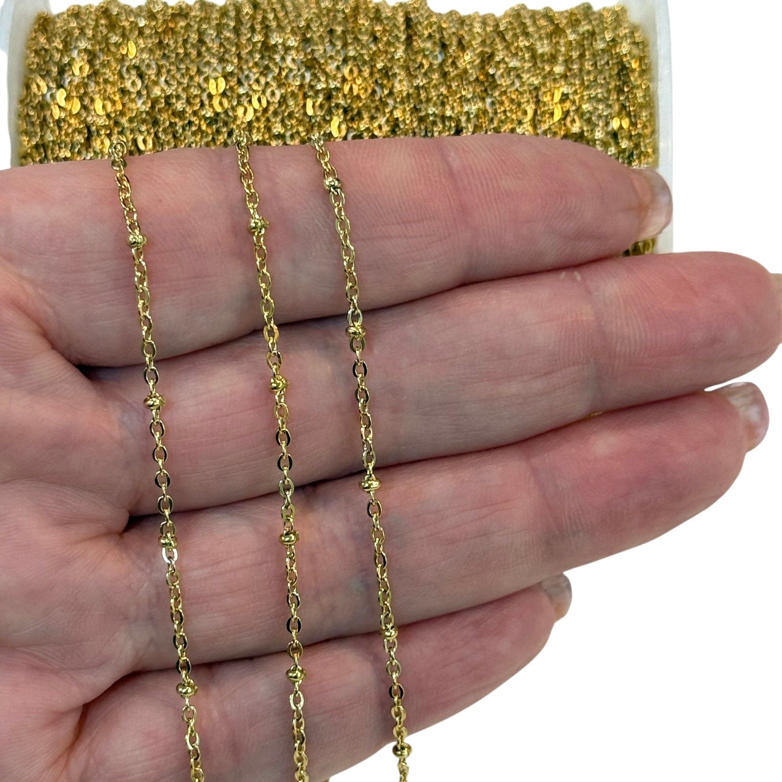 Waterproof 24K Gold-Filled Stainless Steel Satellite Chain – 1.5x2mm Links, 2mm Beads