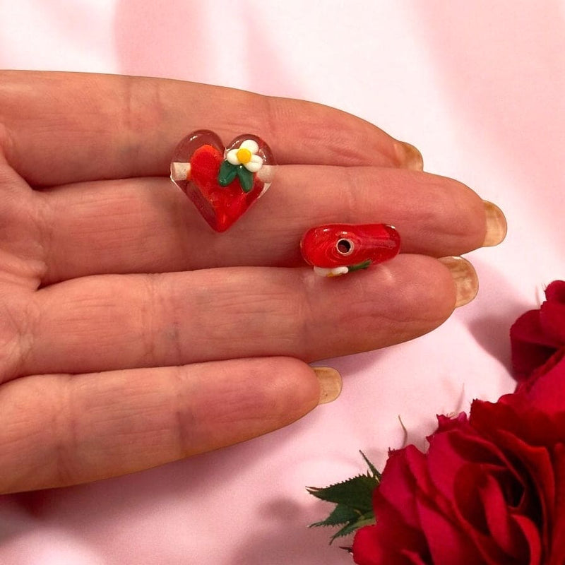 Handmade Murano Glass Love Blossom Heart Charm, Handmade Lampwork Charm