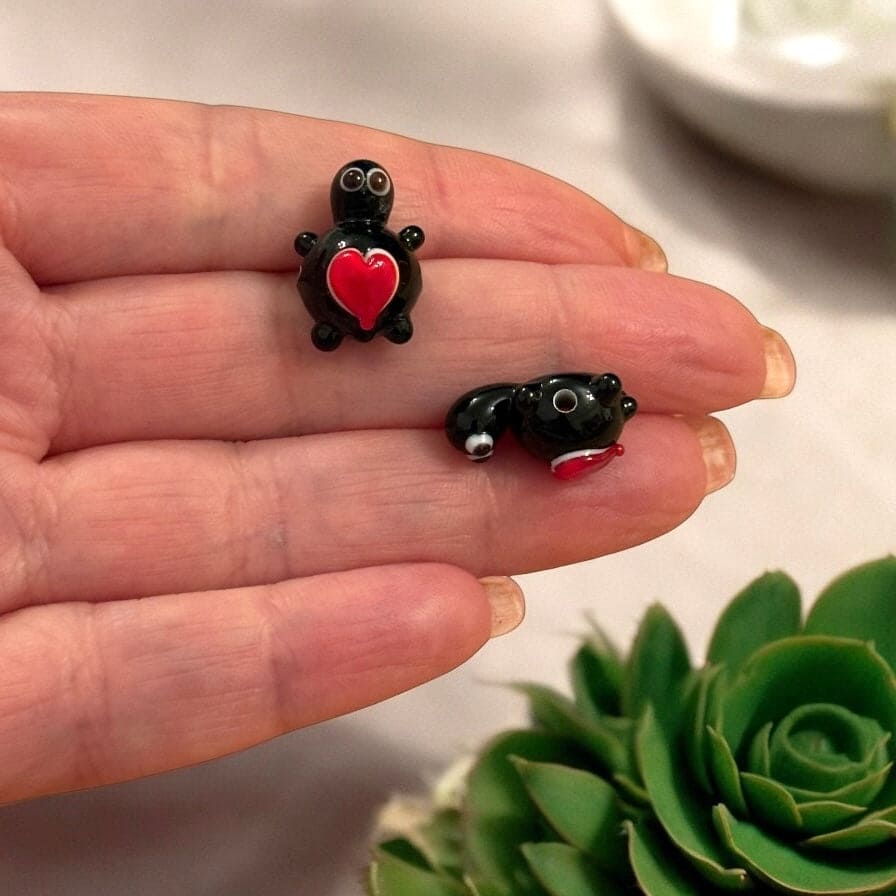 Handmade Midnight Love Turtle Murano Glass Charm, Murano Turtle Pendant, Cute Glass Turtle Bead