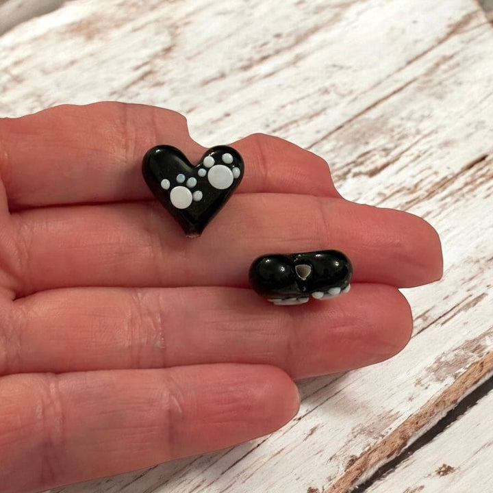 Murano Glass Paw Print Heart Charm – Handmade Black &amp; White Heart Lampwork Charm