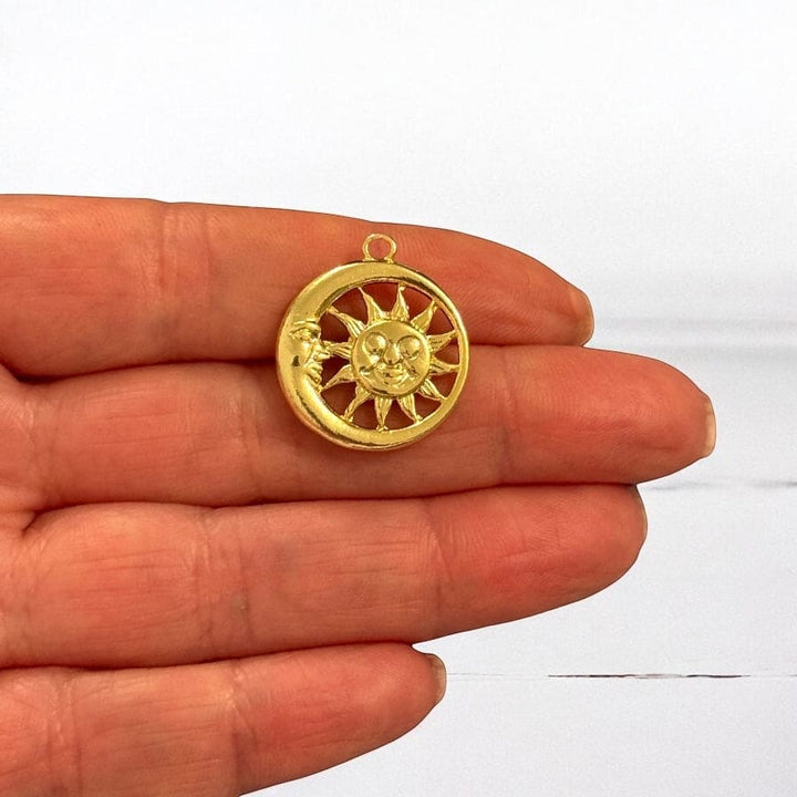 24Kt Gold Plated Sun &amp; Moon Pendant – Celestial Round Charm