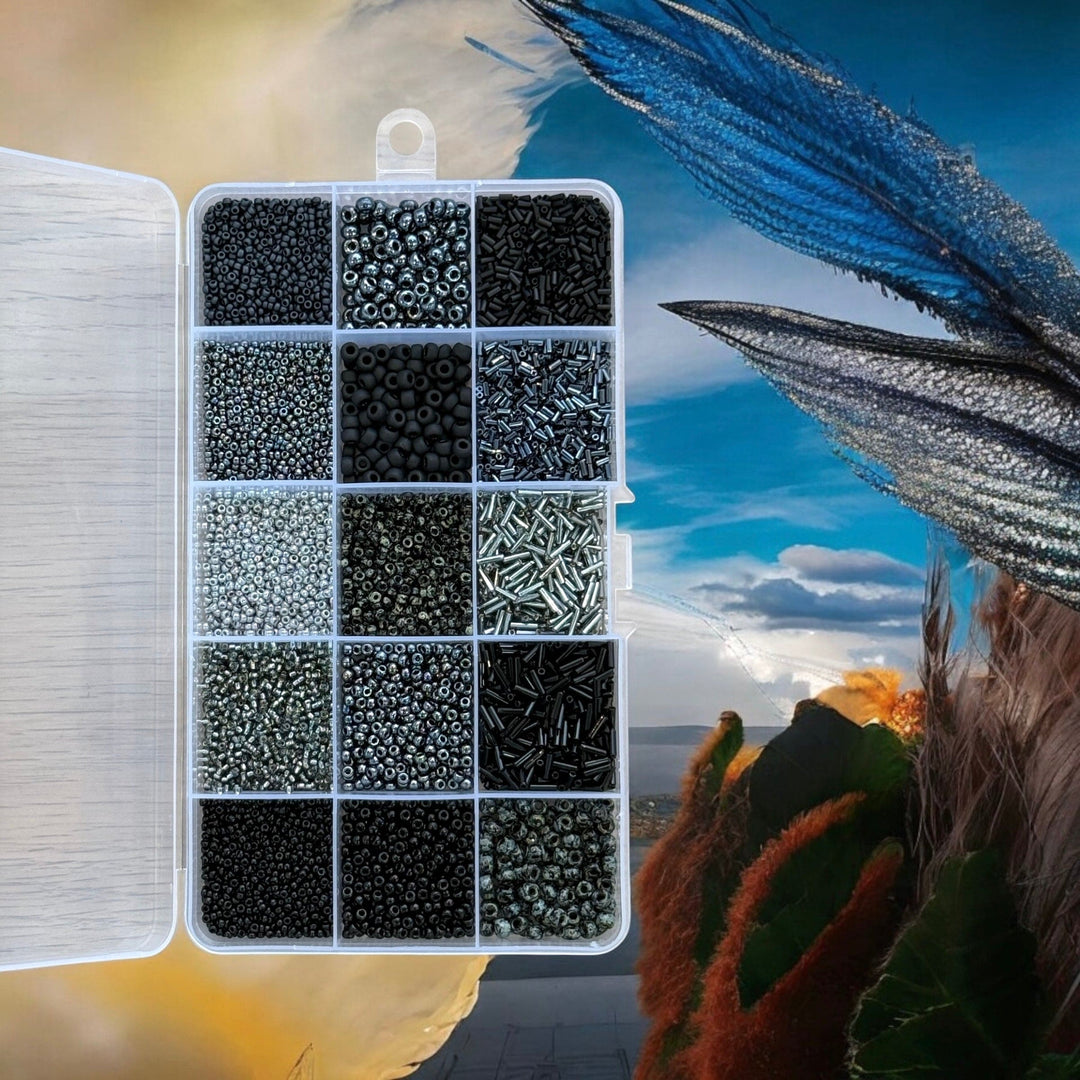 Miyuki Monochrome Elegance Set – Black, Grey &amp; Gunmetal Beads &amp; Bugles in Organizer Box 15 Colors