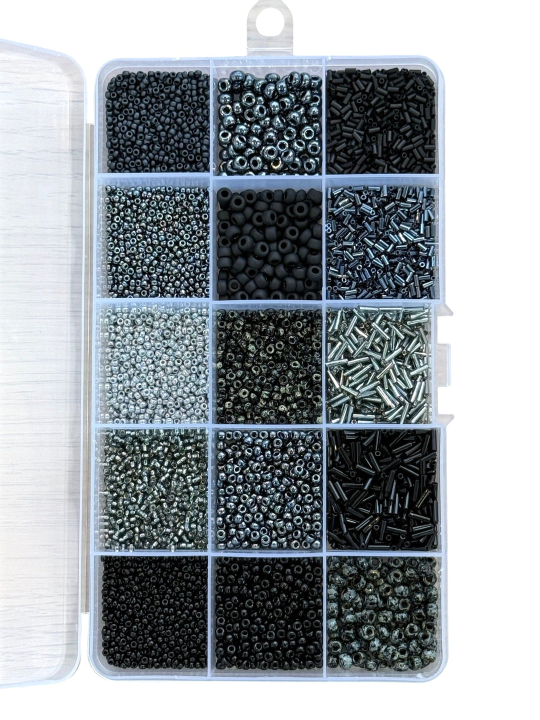 Miyuki Monochrome Elegance Set – Black, Grey &amp; Gunmetal Beads &amp; Bugles in Organizer Box 15 Colors