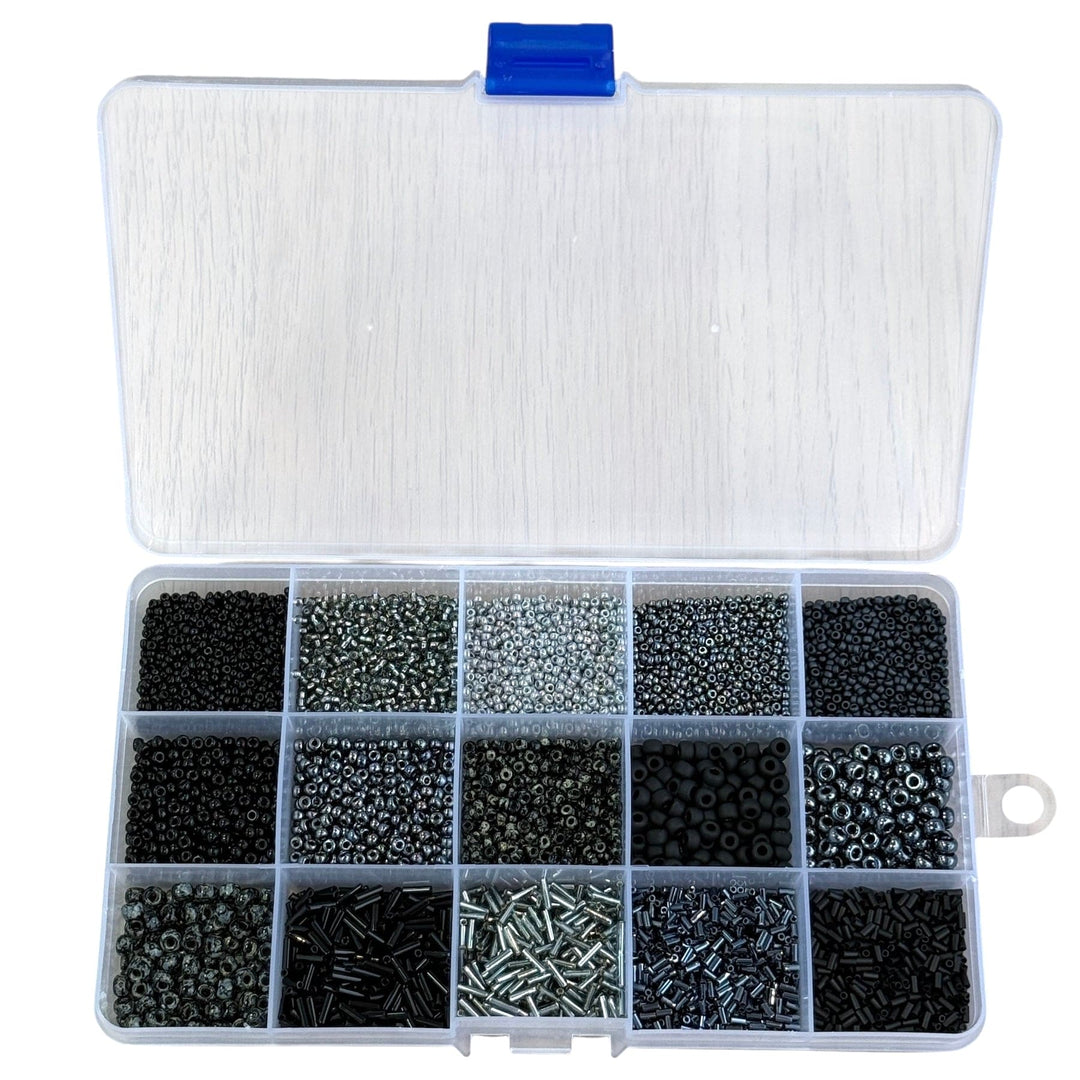 Miyuki Monochrome Elegance Set – Black, Grey &amp; Gunmetal Beads &amp; Bugles in Organizer Box 15 Colors