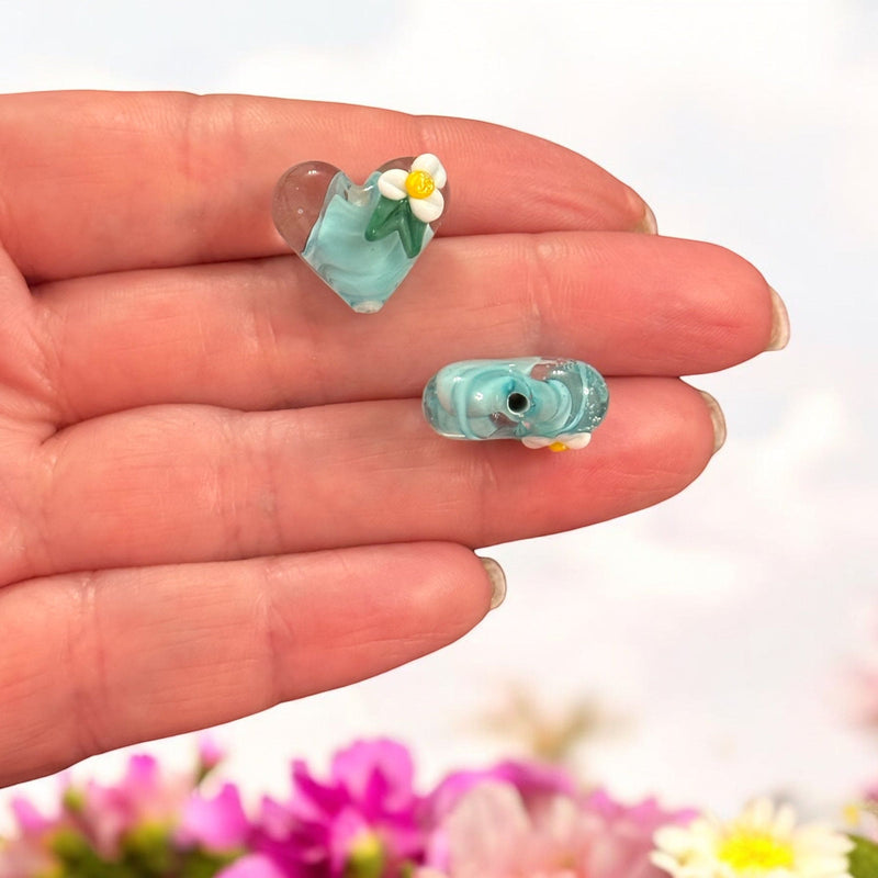 Murano Glass Love Blossom Heart Charm – Handmade Lampwork Charm