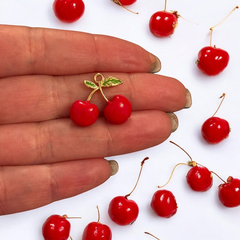 3D Double Cherry Charm – 24K Gold Plated Enamel Pendant