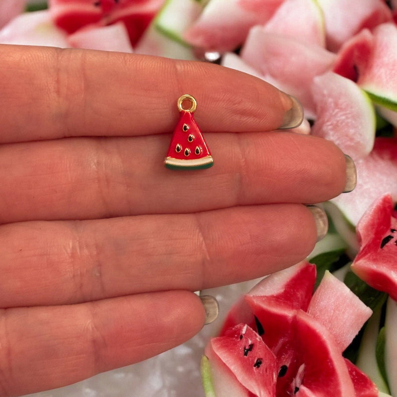 Double-Sided Watermelon Slice Charm – 24K Gold Plated 3D Enamel Pendant