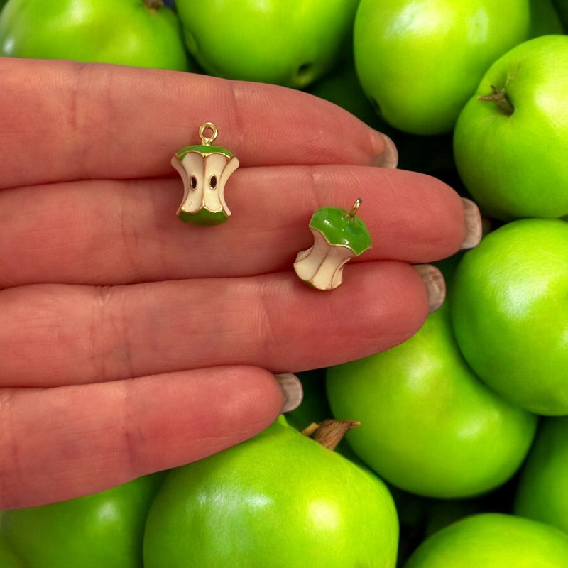Green Apple Core Charm – 3D Enamel Fruit Pendant (15x10mm) | 24Kt Gold Plated Brass