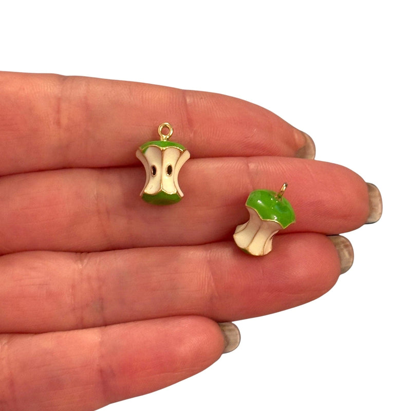 Green Apple Core Charm – 3D Enamel Fruit Pendant (15x10mm) | 24Kt Gold Plated Brass