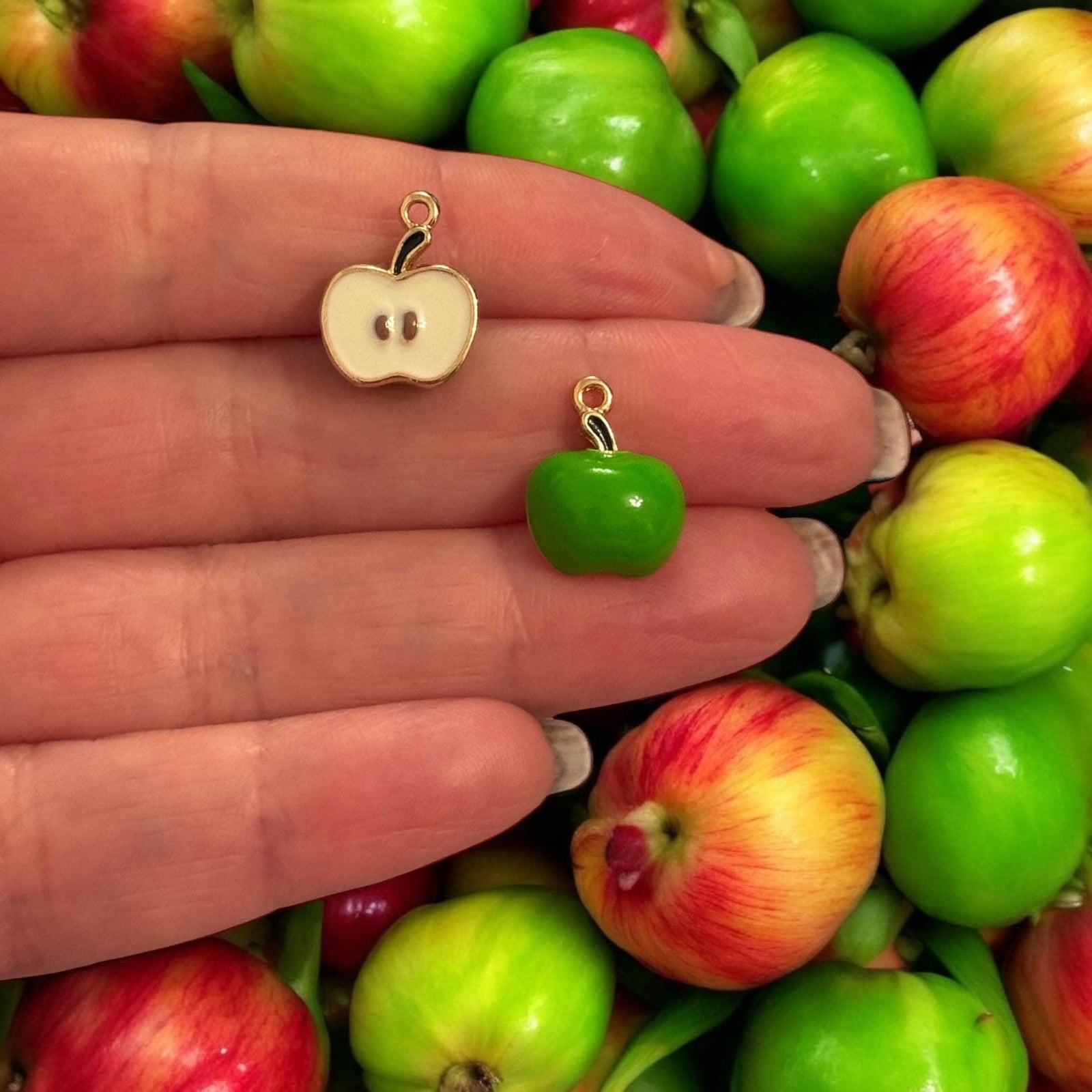 Green Apple Charm – 3D Enamel Fruit Pendant with Cut Side Detail (15x12x6mm) | 24Kt Gold Plated Brass