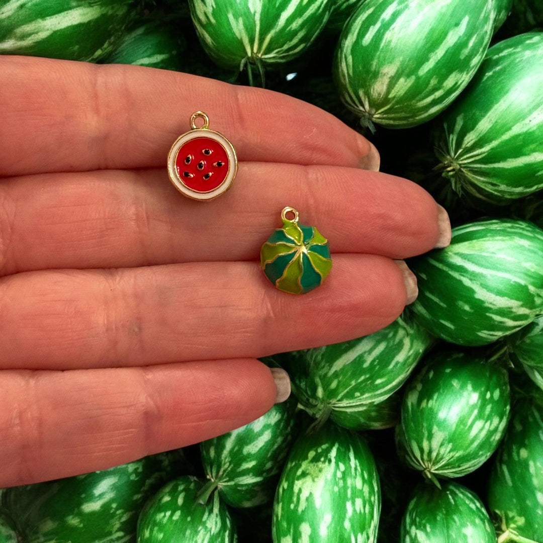 Watermelon Slice Charm – 3D Round 24Kt Gold Plated Enamel Fruit Pendant (14x12x7mm)