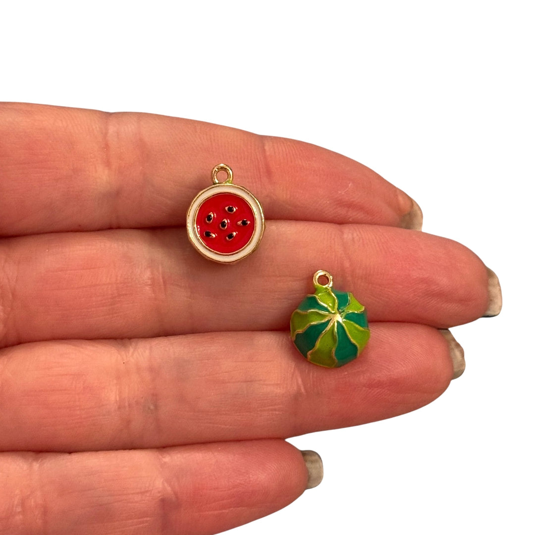 Watermelon Slice Charm – 3D Round 24Kt Gold Plated Enamel Fruit Pendant (14x12x7mm)