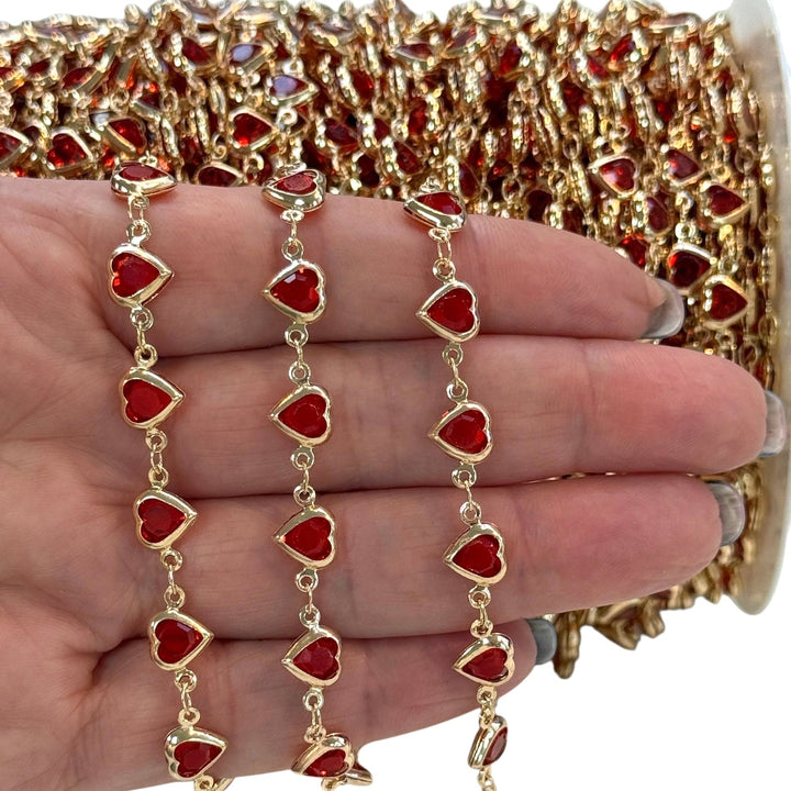 24K Gold Plated CZ Red Heart Chain – Horizontal Link Design